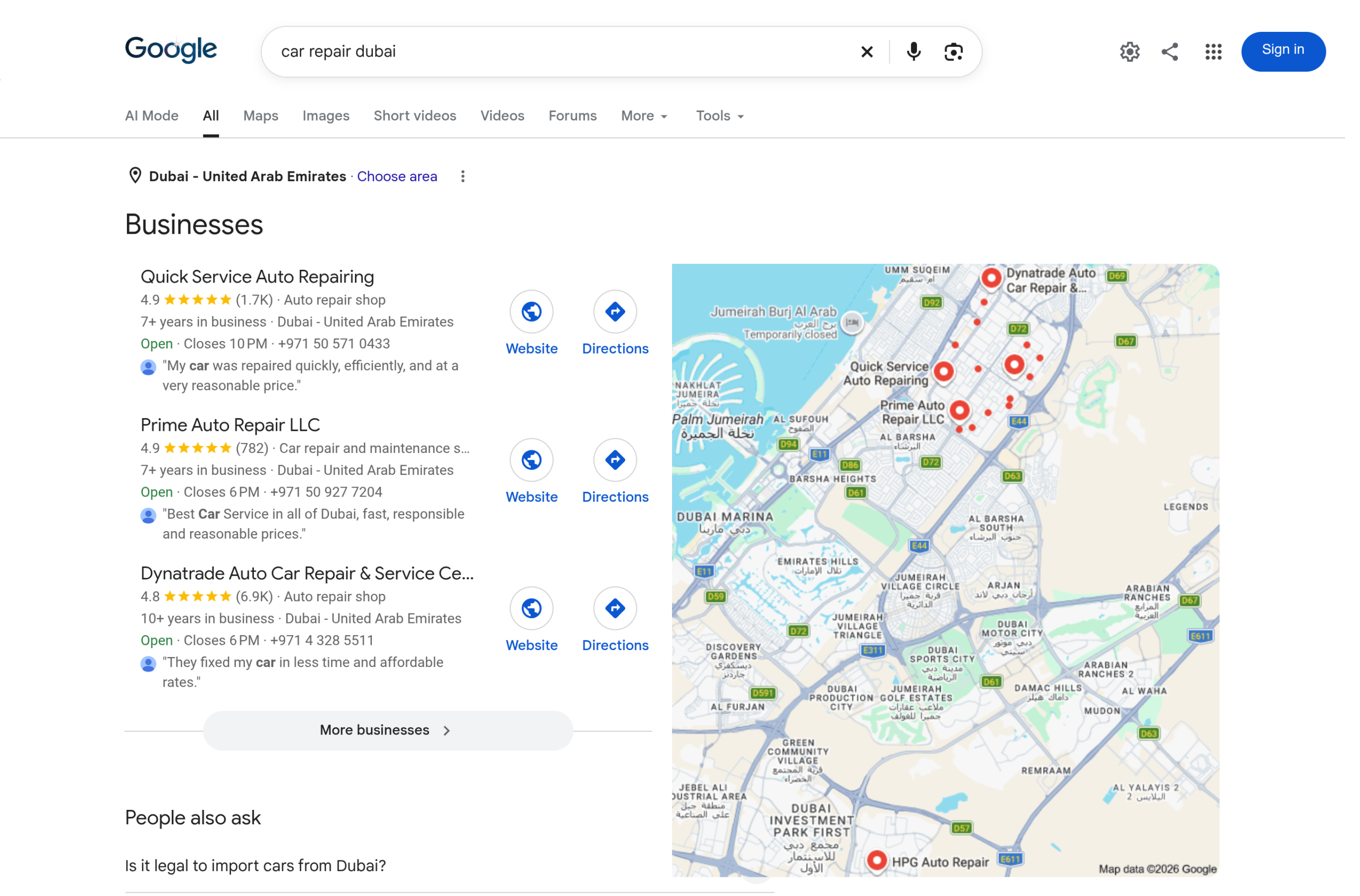 Google search results for car repair Dubai with map listings, ratings and review counts