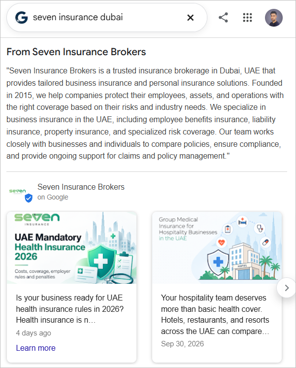 Dubai Mall Google knowledge panel with rating, address, hours and contact actions